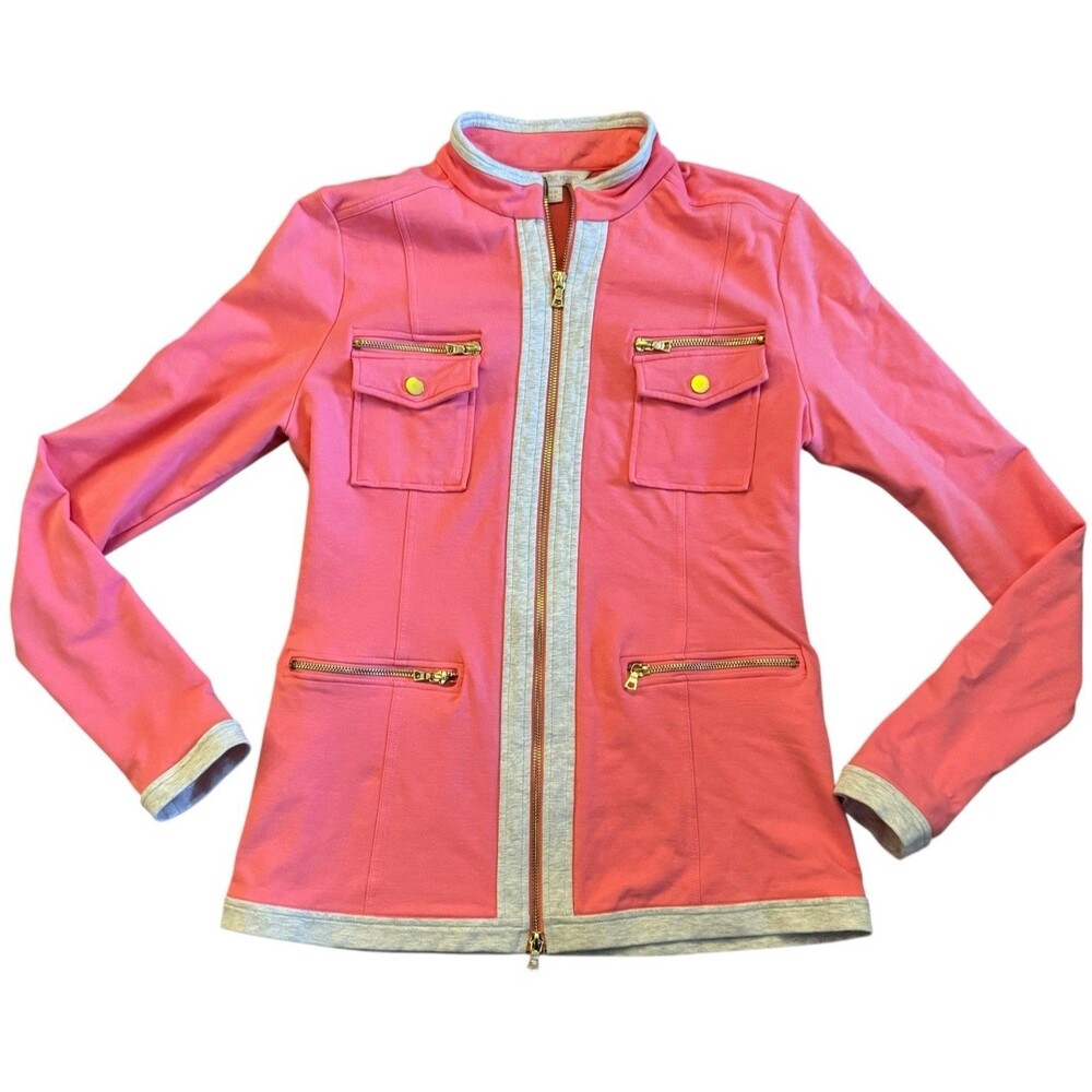Boston Proper Sport Jacket Womens Med Pink Gold Mock Neck Chic‎ Zippered Warm Up